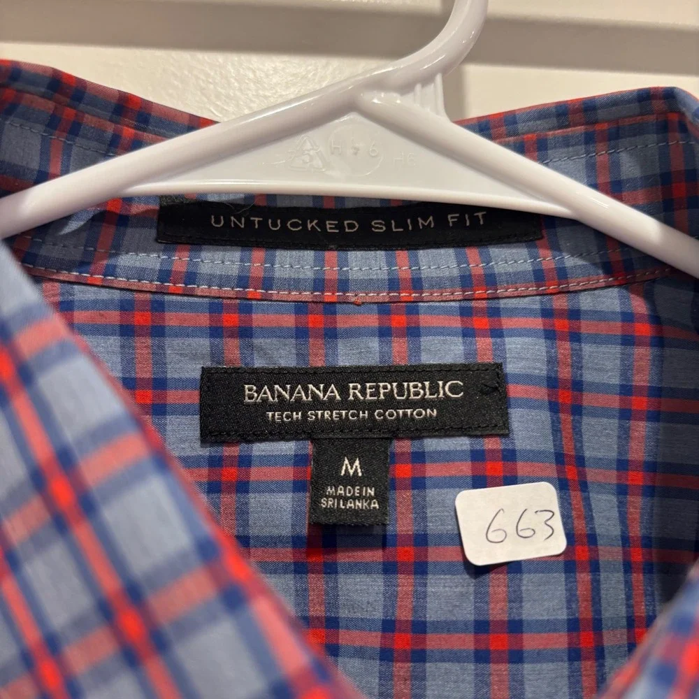 Banana Republic Men Untucked Slim Fit Tech Stretch Cotton Plaid Shirt Blue Red M